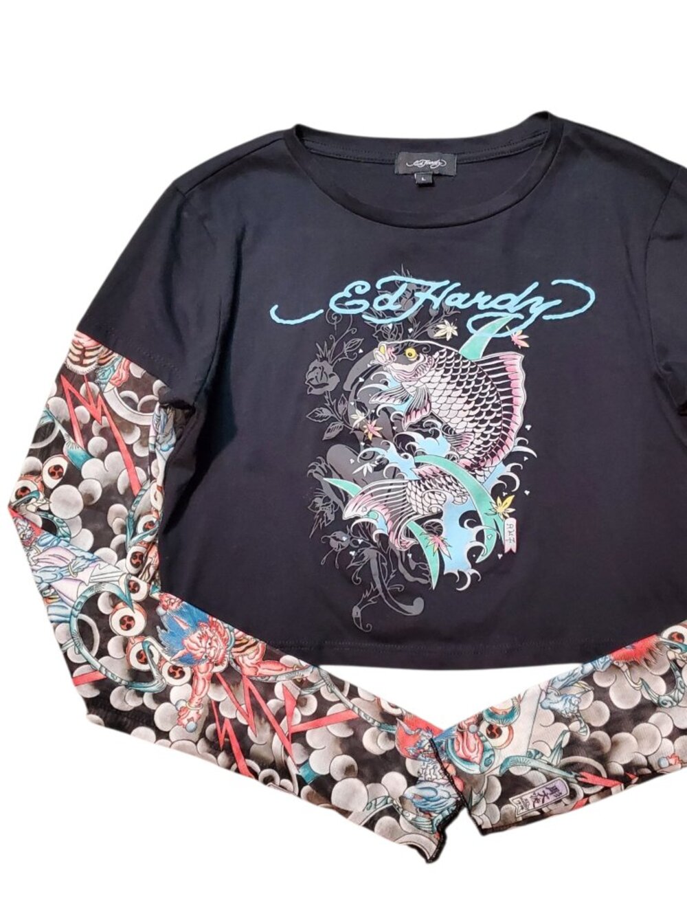 Ed Hardy Koi Tattoo Sleeve Cropped Black Grunge Shirt - Large